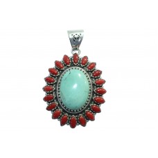Handmade 925 Sterling silver Tibetan Pendant Oval Turquoise n Coral Stones